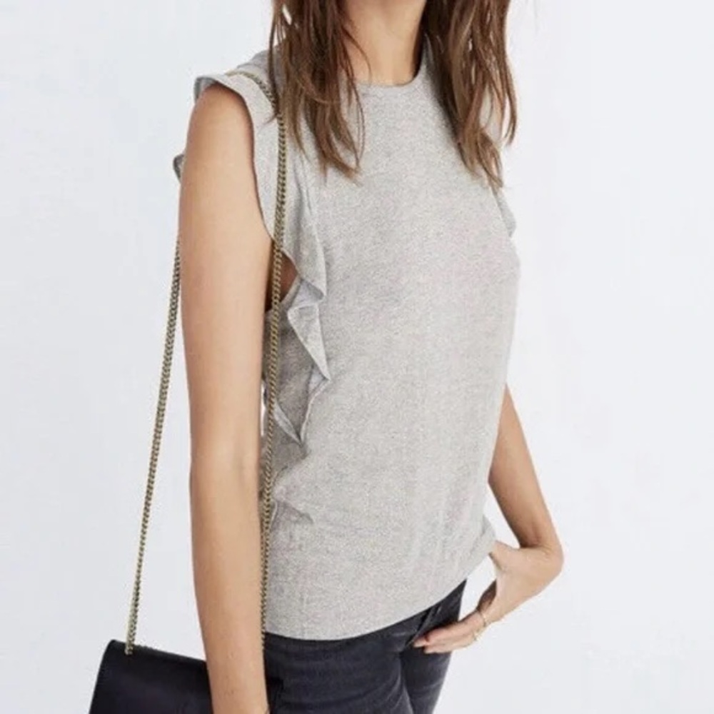 Madewell Silver Metallic Ruffle Short Sleeve Ribbed Knit Tank Top